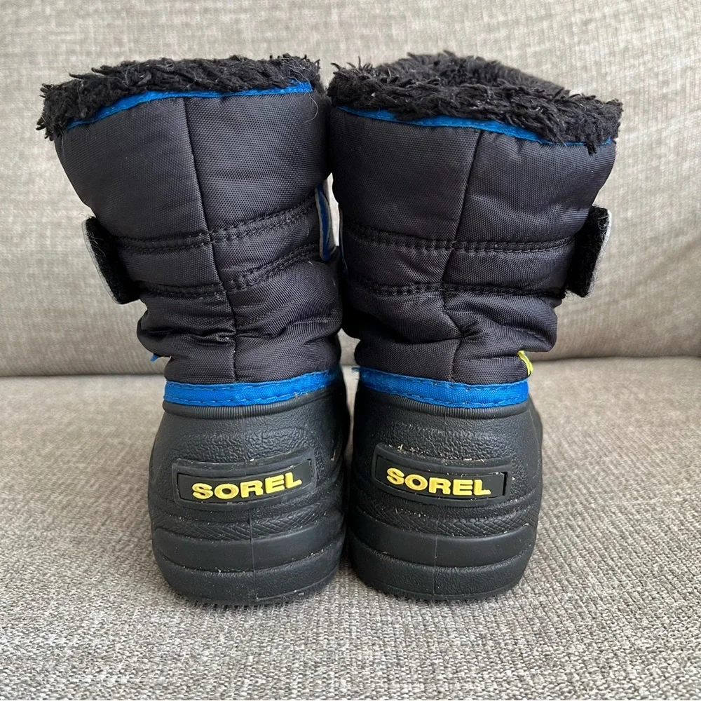 Kid’s Sorel Winter Snow Boots Toddler Boy 12 Black Blue Yellow Faux Fur - Picture 5 of 12